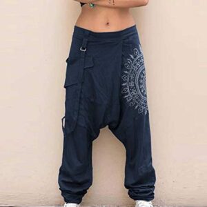 Martmory Men's Baggy Cotton Linen Harem Pants Hippie Casual Boho Aladdin Genie Pants Summer Beach Yoga Drop Crotch Trousers Dark Blue