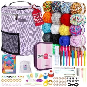 modda crochet kit for beginners adults and kids - with video course - make amigurumi and crocheting kit projects - beginner crochet kit includes 20 colors yarn, hooks, book, patterns and crochet bag