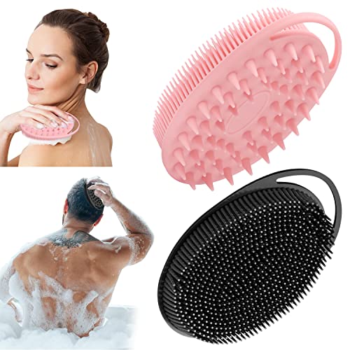 2 Pack Silicone Body Scrubber, 2 in 1 Bath and Shampoo Brush, Soft Silicone Loofah for Sensitive Skin, Double-Sided Body Brush for Men Women, Lathers Well, Gentle Exfoliating (Black, Pink)