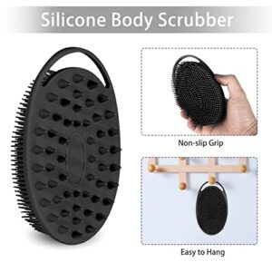 2 Pack Silicone Body Scrubber, 2 in 1 Bath and Shampoo Brush, Soft Silicone Loofah for Sensitive Skin, Double-Sided Body Brush for Men Women, Lathers Well, Gentle Exfoliating (Black, Pink)
