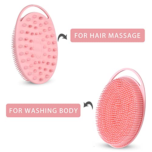 2 Pack Silicone Body Scrubber, 2 in 1 Bath and Shampoo Brush, Soft Silicone Loofah for Sensitive Skin, Double-Sided Body Brush for Men Women, Lathers Well, Gentle Exfoliating (Black, Pink)