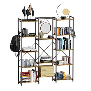 iaocpio bookcases and bookshelves triple wide 5 tiers industrial bookshelf with 6 hooks, book shelf for bedroom, living room, kitchen, study and home office.