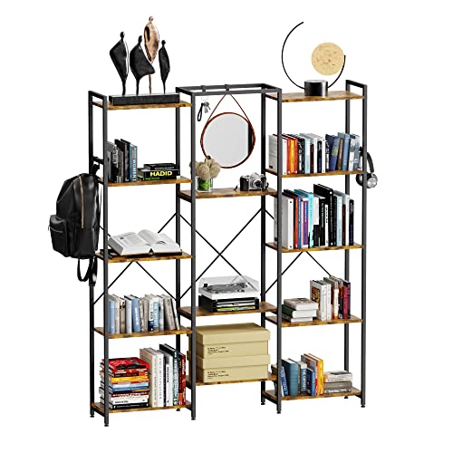 Iaocpio Bookcases and Bookshelves Triple Wide 5 Tiers Industrial Bookshelf with 6 Hooks, Book Shelf for Bedroom, Living Room, Kitchen, Study and Home Office.