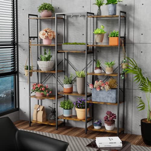 Iaocpio Bookcases and Bookshelves Triple Wide 5 Tiers Industrial Bookshelf with 6 Hooks, Book Shelf for Bedroom, Living Room, Kitchen, Study and Home Office.