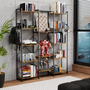 Iaocpio Bookcases and Bookshelves Triple Wide 5 Tiers Industrial Bookshelf with 6 Hooks, Book Shelf for Bedroom, Living Room, Kitchen, Study and Home Office.