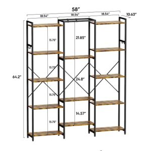 Iaocpio Bookcases and Bookshelves Triple Wide 5 Tiers Industrial Bookshelf with 6 Hooks, Book Shelf for Bedroom, Living Room, Kitchen, Study and Home Office.