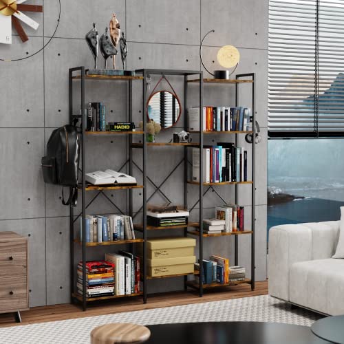 Iaocpio Bookcases and Bookshelves Triple Wide 5 Tiers Industrial Bookshelf with 6 Hooks, Book Shelf for Bedroom, Living Room, Kitchen, Study and Home Office.