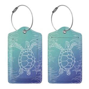 turtle blue sea themed 2 pack luggage tag for suitcase, leather travel cruise baggage bag tags name id label and metal loop for women men