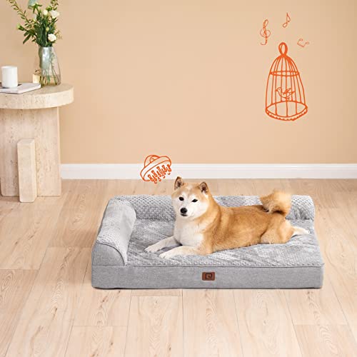 EHEYCIGA Memory Foam Orthopedic Dog Bed for Large Dogs, Waterproof Dog beds with Washable Removable Cover, Cozy Plush Dog Sofa Bed, L Shaped Pet Bed with Waterproof Lining and Nonskid Bottom, Grey