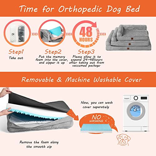 EHEYCIGA Memory Foam Orthopedic Dog Bed for Large Dogs, Waterproof Dog beds with Washable Removable Cover, Cozy Plush Dog Sofa Bed, L Shaped Pet Bed with Waterproof Lining and Nonskid Bottom, Grey