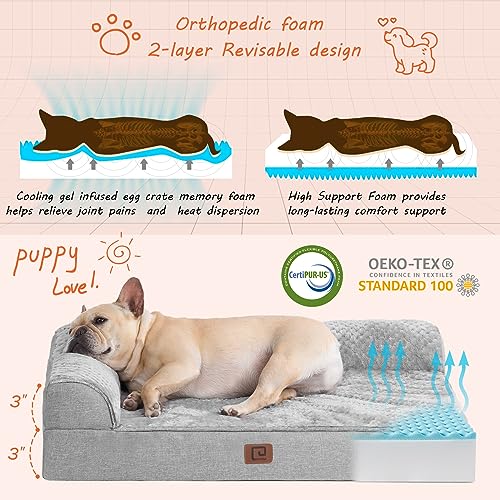 EHEYCIGA Memory Foam Orthopedic Dog Bed for Large Dogs, Waterproof Dog beds with Washable Removable Cover, Cozy Plush Dog Sofa Bed, L Shaped Pet Bed with Waterproof Lining and Nonskid Bottom, Grey