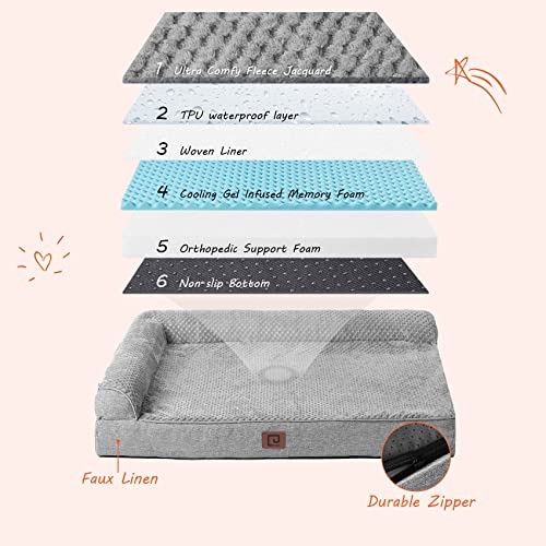 EHEYCIGA Memory Foam Orthopedic Dog Bed for Large Dogs, Waterproof Dog beds with Washable Removable Cover, Cozy Plush Dog Sofa Bed, L Shaped Pet Bed with Waterproof Lining and Nonskid Bottom, Grey