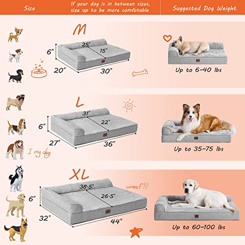 EHEYCIGA Memory Foam Orthopedic Dog Bed for Large Dogs, Waterproof Dog beds with Washable Removable Cover, Cozy Plush Dog Sofa Bed, L Shaped Pet Bed with Waterproof Lining and Nonskid Bottom, Grey