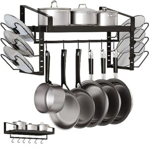 kinden 2 pack 23 inch pot rack wall mounted,hanging pot organizer and pans lids storage, kitchen cookware hanging shelves with 12 hooks (black)