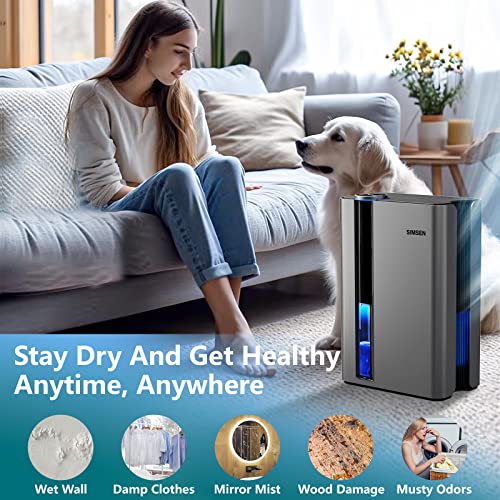 SIMSEN 95oz Dehumidifiers for Home, 720 sq ft Quiet Dehumidifier with Reusable Filter and Ionizer, Small Dehumidifier with Drain Hose, Dehumidifiers for Bedroom Bathroom Basements Closet RV