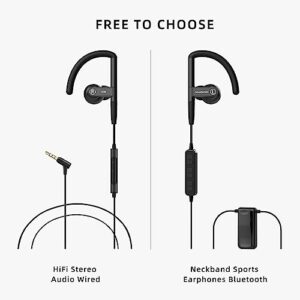 SoundMAGIC ST80 Neckband Bluetooth Earbuds - Waterproof HiFi Stereo Sound Earphones Wired Detachable in Ear Headphones with Adjustable Metal Mechanism Ear Hooks, Black