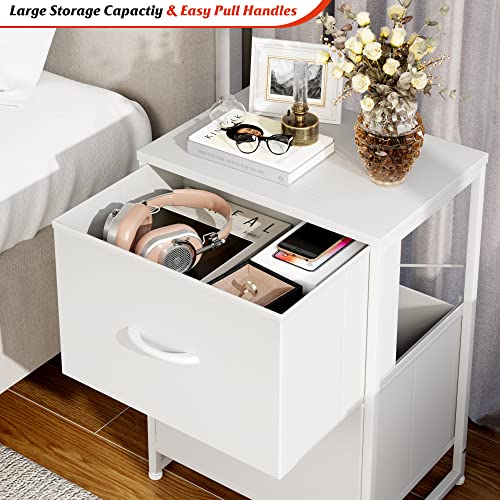 Nicehill White Nightstand, Nightstand with Drawer for Bedroom, Small Dresser Bedside Table Bedside Furniture, Small Night Stand for Kids' Room, End Table with Wooden Top, Steel Frame, Modern, White