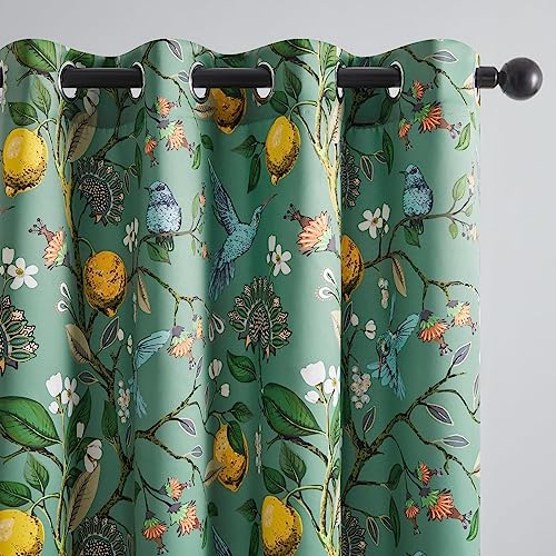 Topfinel Sage Green Tall Curtains 96 Inches Long Cute Bedroom Heat Block Vintage Botanical Floral Hummingbird Patterned Silk Drapes Grommet Room Darkening Curtains Extra Long 96 Inch Length,2 Panels