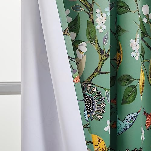 Topfinel Sage Green Tall Curtains 96 Inches Long Cute Bedroom Heat Block Vintage Botanical Floral Hummingbird Patterned Silk Drapes Grommet Room Darkening Curtains Extra Long 96 Inch Length,2 Panels