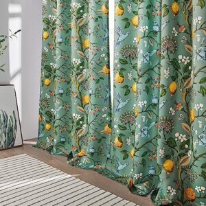 Topfinel Sage Green Tall Curtains 96 Inches Long Cute Bedroom Heat Block Vintage Botanical Floral Hummingbird Patterned Silk Drapes Grommet Room Darkening Curtains Extra Long 96 Inch Length,2 Panels