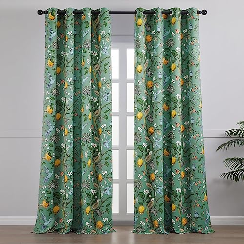 Topfinel Sage Green Tall Curtains 96 Inches Long Cute Bedroom Heat Block Vintage Botanical Floral Hummingbird Patterned Silk Drapes Grommet Room Darkening Curtains Extra Long 96 Inch Length,2 Panels