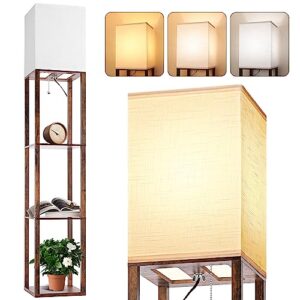 floor lamp with shelves for living room brown, shelf floor lamp with 3 cct led bulb, corner display standing column lamp etagere organizer tower nightstand with white linen shade for bedroom
