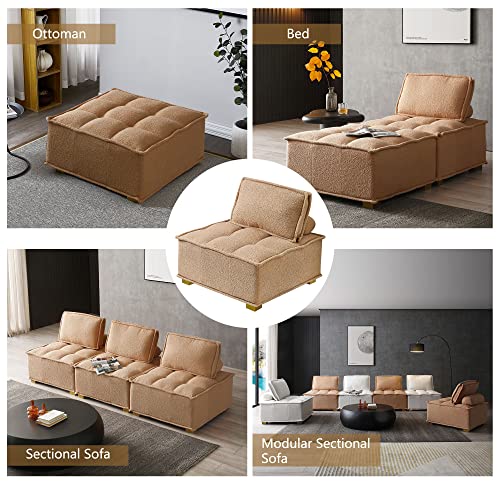 GNIXUU Modular Single Sofa, Lazy Sofas Ottoman with Gold Wooden Legs Teddy Fabric, Armless Couches for Small Space Living Room Bedroom Apartment Office