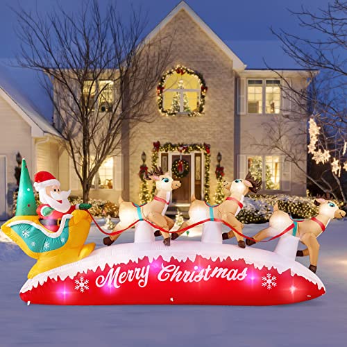 Danxilu 10 FT Long Christmas Inflatable Santa Sleigh with 3 Reindeer Outdoor Decorations, Built-in Colorful LEDs Blow Up Santa Claus Yard Decoration Décor for Xmas Holiday Garden Lawn Patio Roof