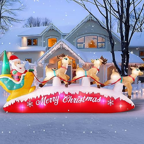 Danxilu 10 FT Long Christmas Inflatable Santa Sleigh with 3 Reindeer Outdoor Decorations, Built-in Colorful LEDs Blow Up Santa Claus Yard Decoration Décor for Xmas Holiday Garden Lawn Patio Roof