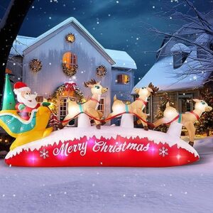 Danxilu 10 FT Long Christmas Inflatable Santa Sleigh with 3 Reindeer Outdoor Decorations, Built-in Colorful LEDs Blow Up Santa Claus Yard Decoration Décor for Xmas Holiday Garden Lawn Patio Roof