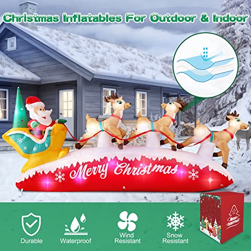 Danxilu 10 FT Long Christmas Inflatable Santa Sleigh with 3 Reindeer Outdoor Decorations, Built-in Colorful LEDs Blow Up Santa Claus Yard Decoration Décor for Xmas Holiday Garden Lawn Patio Roof