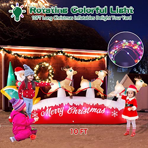 Danxilu 10 FT Long Christmas Inflatable Santa Sleigh with 3 Reindeer Outdoor Decorations, Built-in Colorful LEDs Blow Up Santa Claus Yard Decoration Décor for Xmas Holiday Garden Lawn Patio Roof