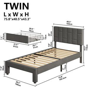 LIKIMIO Twin Bed Frame with XL Under-Bed Drawer, Platform Upholstered with Headboard, No Box Spring Needed/Noise-Free, Grey