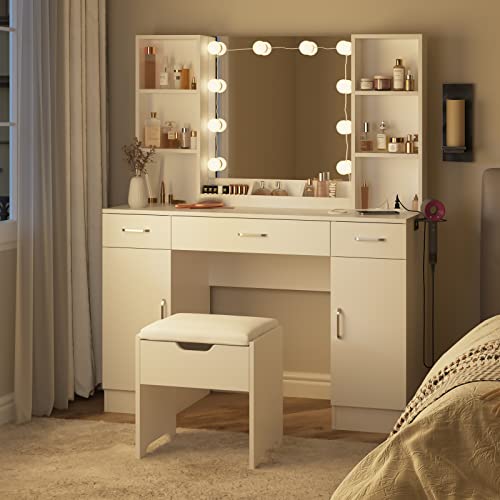 Makeup Vanity Table with Lighted Mirror & Power Strip, Large Vanity Set Vanity Desk with Lots Storage, 3 Lighting Modes, Brightness Adjustable, 45.2in(L)