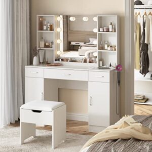 Makeup Vanity Table with Lighted Mirror & Power Strip, Large Vanity Set Vanity Desk with Lots Storage, 3 Lighting Modes, Brightness Adjustable, 45.2in(L)