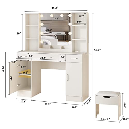 Makeup Vanity Table with Lighted Mirror & Power Strip, Large Vanity Set Vanity Desk with Lots Storage, 3 Lighting Modes, Brightness Adjustable, 45.2in(L)