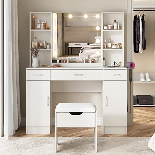 Makeup Vanity Table with Lighted Mirror & Power Strip, Large Vanity Set Vanity Desk with Lots Storage, 3 Lighting Modes, Brightness Adjustable, 45.2in(L)