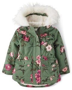the children's place baby toddler girl heavy-weight winter parka jacket, water-resitant, sherpa lined, faux fur hood, eucalyptus leaf, 5t