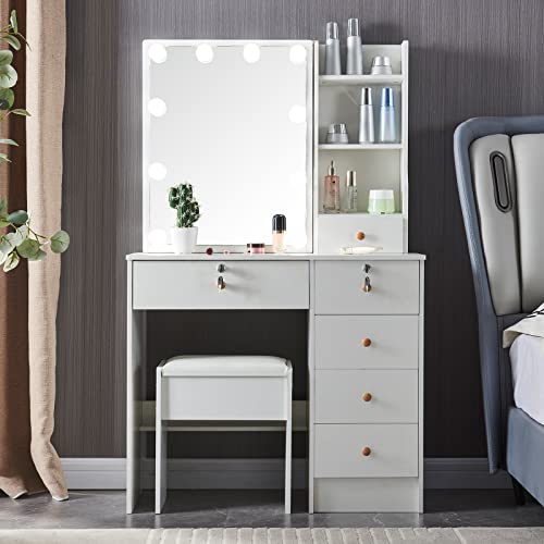 Jansaimei White Vanity Table Set with Mirror and Lights and 3 Color Light Settings, Makeup Vanity Desk Multiple Drawers Capacity with Chair and Mirror. Dressing Table for Girls and Women.