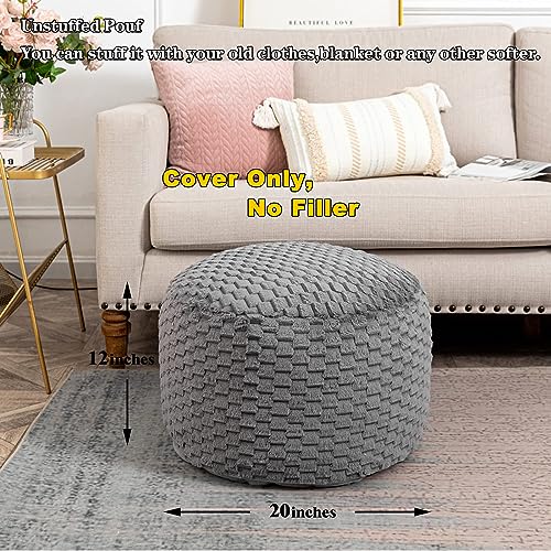 Fur Ottoman Stool Unstuffed ,Footstool Cover, Floor Pouf, Foot Rest,20x20x12 Inches Round Poof Seat, Floor Bean Bag Chair,Foldable Floor Chair Storage for Living Room, Bedroom (Solid Grey Pouf Cover)