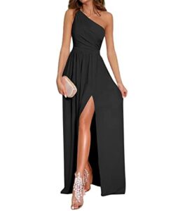 lyaner women's one shoulder high split sleeveless ruched cocktail sexy maxi long dress black medium