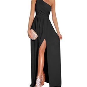 LYANER Women's One Shoulder High Split Sleeveless Ruched Cocktail Sexy Maxi Long Dress Black Medium