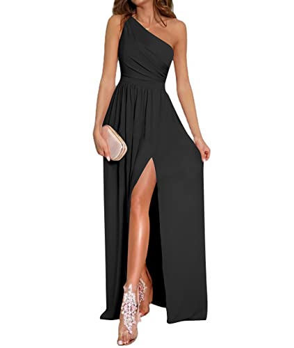 LYANER Women's One Shoulder High Split Sleeveless Ruched Cocktail Sexy Maxi Long Dress Black Medium