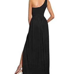 LYANER Women's One Shoulder High Split Sleeveless Ruched Cocktail Sexy Maxi Long Dress Black Medium