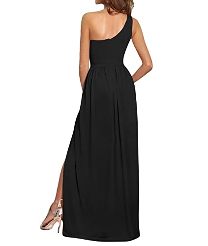 LYANER Women's One Shoulder High Split Sleeveless Ruched Cocktail Sexy Maxi Long Dress Black Medium