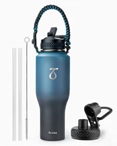 trebo 40oz water bottle insulated with lid and straw,double wall vacuum stainless steel metal tumbler flask fit in any car cup holder with paracord handle,leakproof keep drink cold & hot,indigo/black