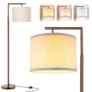 rottogoon floor lamp for living room with 3-color temperature 9w led bulb, modern standing lamp with linen beige shade & foot switch, tall pole lamp for bedroom, study room, office, kids room (brown)