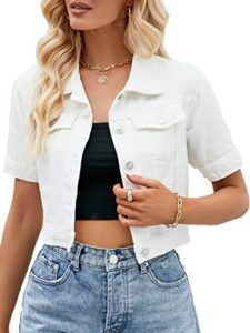 ladyful womens cropped denim jacket short sleeve button down casual distressed jean jacket outerwear