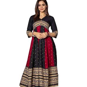 FIDOZA Women's Rayon Printed Anarkali Embroidery Kurti | Pakistani Style Rayon Printed Kurti For Women | Ready to wear (Black, XL)