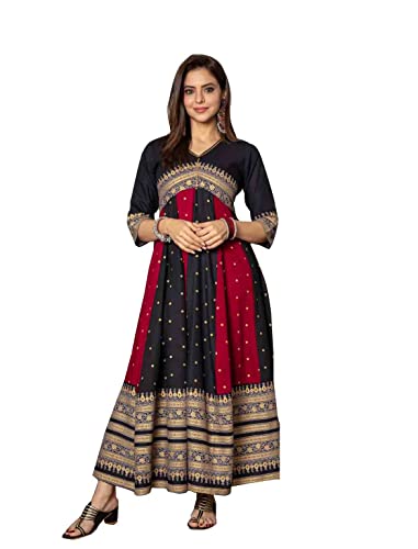 FIDOZA Women's Rayon Printed Anarkali Embroidery Kurti | Pakistani Style Rayon Printed Kurti For Women | Ready to wear (Black, XL)